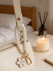 1pc Women's New Minimalist Ins Style Pearl Flower Decor Keychain, Phone Case Pendant - White - View 6