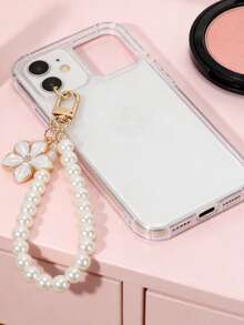 1pc Women's New Minimalist Ins Style Pearl Flower Decor Keychain, Phone Case Pendant - White - View 3