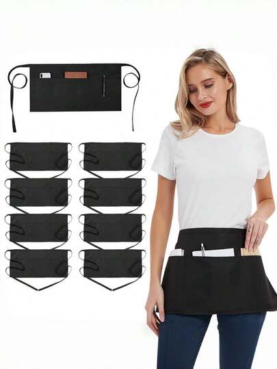 6pcs Waitress/Waiter Waist Apron - Half Apron With 3 Pockets, Short Black Waiter Apron