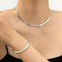 2 piezas Conjunto de collar y pulsera de hueso de serpiente de estilo minimalista de aleación, joyería elegante y exquisita de alta gama adecuada para ocasiones diarias, de trabajo y de fiesta, verano, joyería, festival, elegante - Plateado - Ver 3