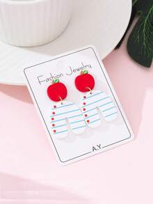 1 Pair Apple-Shaped Enameled Faux Soft Clay Earrings, Fashionable Jewelry Gift Suitable For Teacher's Day, Back To School, And Graduation Season - Multicolor - View 2