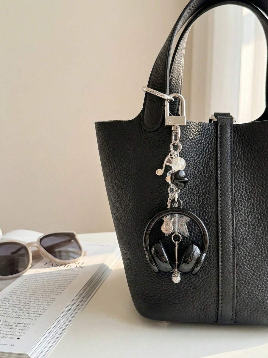 1个男女通用INS风音乐耳机钥匙扣，创意迷你麦克风吉他音符钥匙圈，独特手机挂绳，汽车钥匙链，包包挂饰，吊坠和链条，可爱，音乐节音乐爱好者礼物，汽车装饰吊坠 - 彩色 - 查看 1