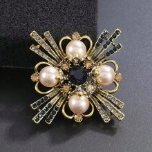 1pc Vintage Style Brooch, Decorated With Faux Pearl And Rhinestone, Elegant Fashion Accessory For Women - Ancient Gold-blue - View 6