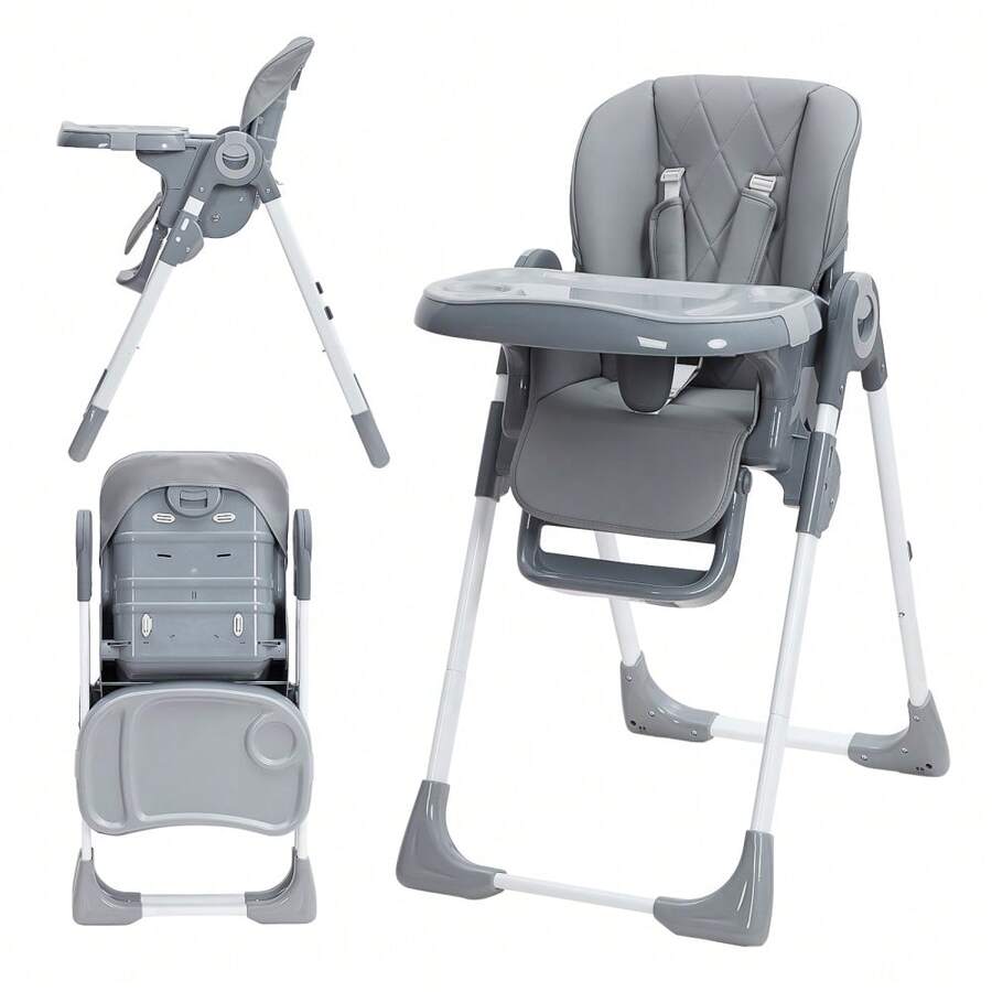 Trona plegable multifuncional para bebés y niños pequeños - Altura y respaldo ajustables, doble bandeja extraíble, tapizado en cuero PU - Fácil limpieza, desde 6 meses a 3 años - Gris oscuro - Ver 1
