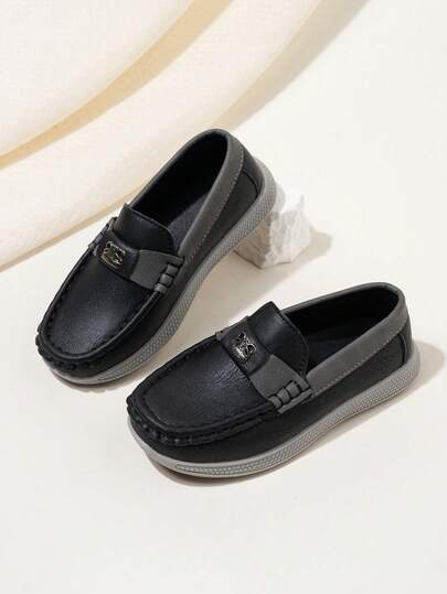 1 Pair Handmade Stitched PU Leather Children Loafers With Metal Buckle Decor, Non-Slip Rubber Flat Sole, Versatile Casual Oxford Shoes For 3-16 Years Old Kids, Suitable For Daily Wear, School, Light Ceremony, British Style Outfit In Spring And Autumn