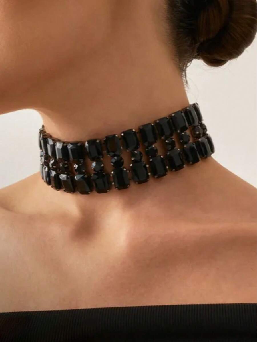 Collar asimétrico de cristal multicapa, accesorio de joyería nupcial - Negro - Ver 1