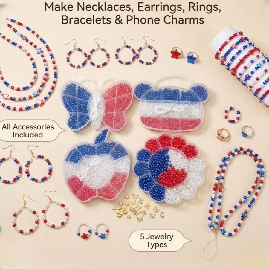 Bộ dụng cụ tự làm trang sức đính hạt mới cho ngày Quốc khánh 4 tháng 7, tự tay làm nhiều loại vòng cổ, vòng tay, nhẫn. - Nhiều màu - Xem 1