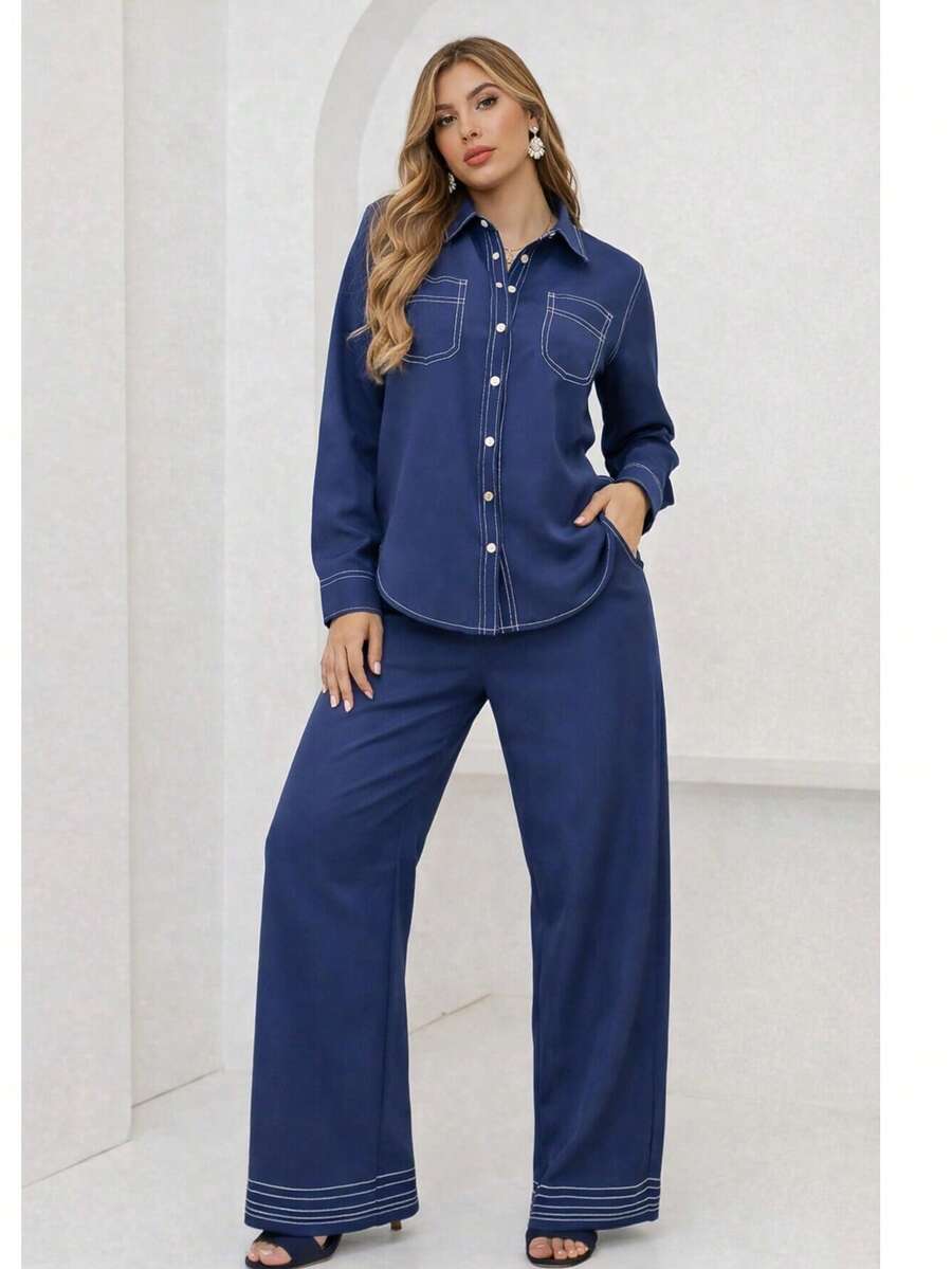 Women's Sensorial Set, M/G, Shirt + Pants, Elegant And Comfortable Fashion, Casual Look - Màu xanh lam - Xem 1