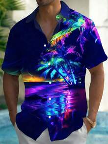 Áo sơ mi Aloha Hawaii dành cho nam, họa tiết thực vật chuyển màu rực rỡ - Màu xanh lam - Xem 1