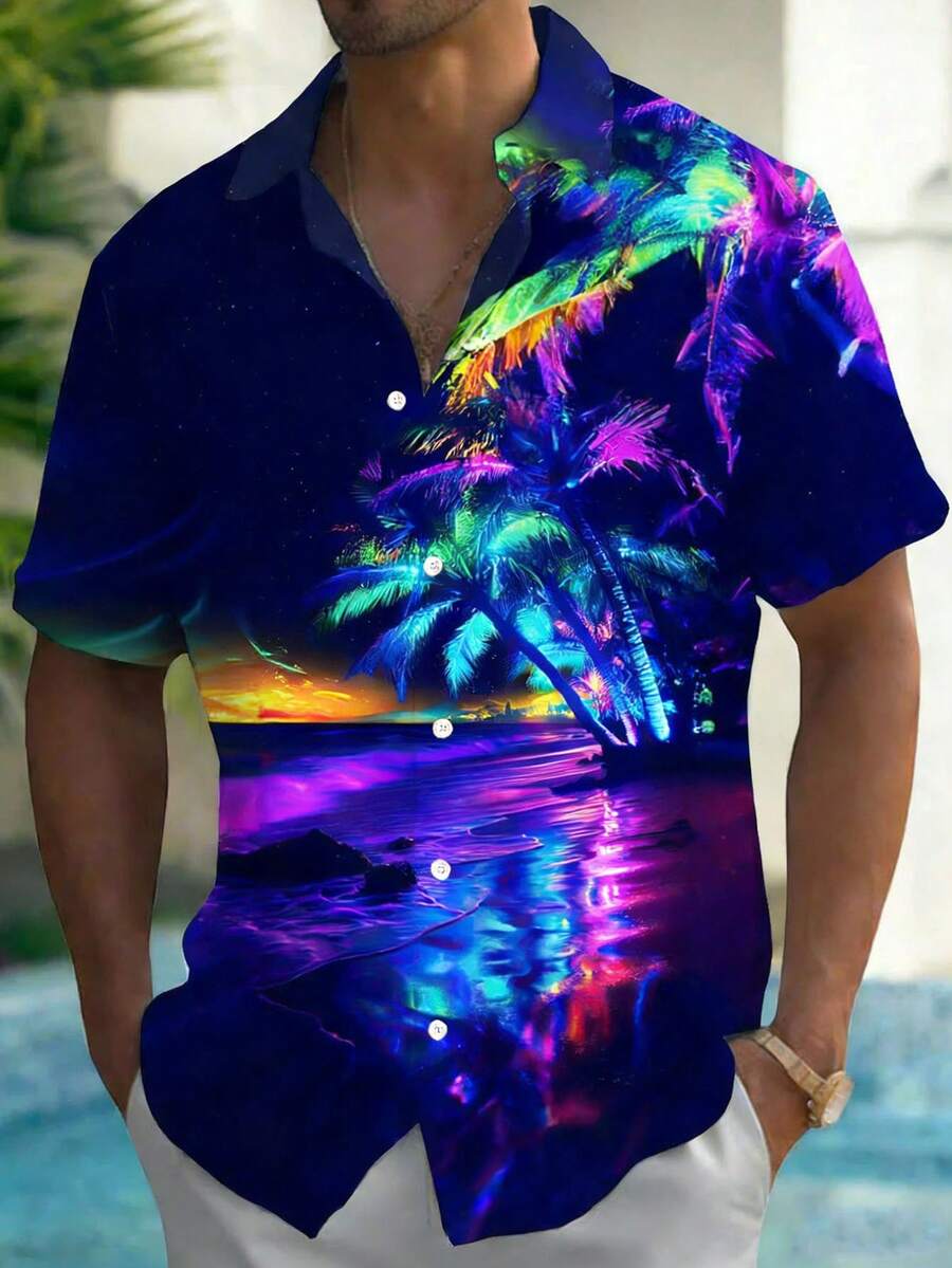 Áo sơ mi Aloha Hawaii dành cho nam, họa tiết thực vật chuyển màu rực rỡ - Màu xanh lam - Xem 1