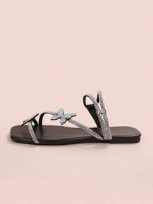 French Style Flat Bow Rhinestone Slide Sandals, Women's Summer Outdoor Wear New Fashion Slippers, Suitable For Dates, Shopping, Parties - Black - View 2