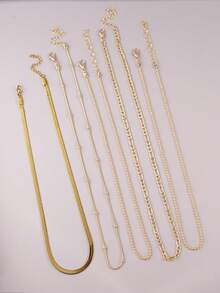 5件套简约优雅金色不锈钢扁平蛇形链和串珠链项链套装，多层可叠戴设计，女士日常佩戴饰品 - 金黃色 - 查看 3