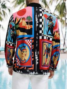 男士衬衫一件，黑红花卉印花，翻领，长袖，单排扣，休闲大码衬衫，优雅成功的男士外套 - 透气舒适，适合海滩、度假、工作、日常穿着、派对、宴会、婚礼等各种场合，是送给男友、丈夫、父亲、父亲节及其他节日的理想礼物。 - 紅色 - 查看 9