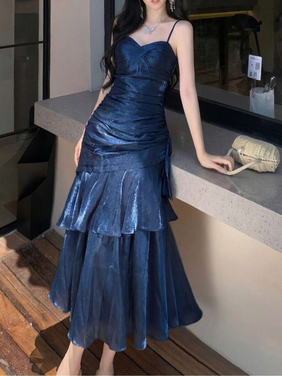 闪亮荷叶边下摆派对礼服，优雅炫彩吊带演唱会礼服，时尚伴娘正式生日毕业礼服，春夏婚纱