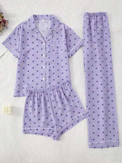 3 piezas Conjunto de pijama de mujer con estampado de corazones morados, cárdigan y pantalones de burbujas y arrugados