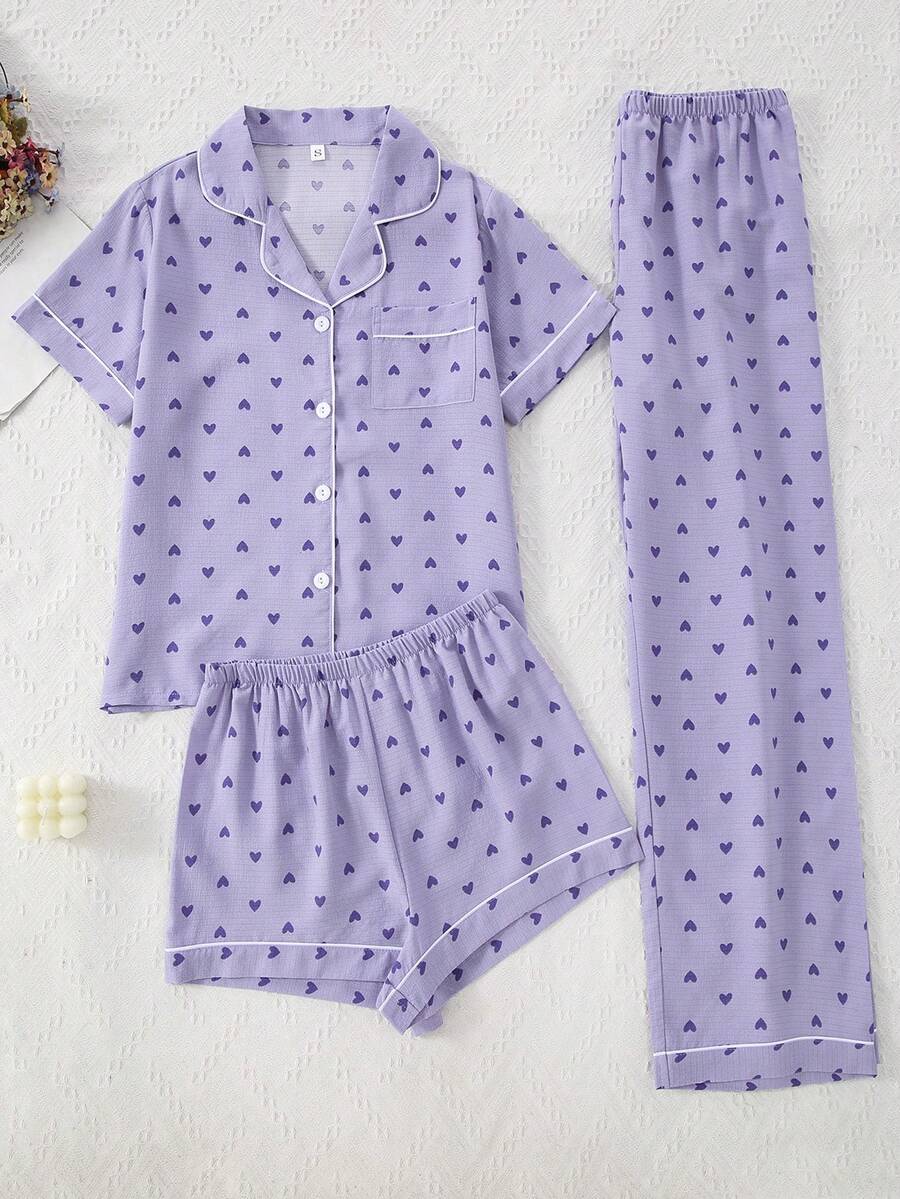 3 piezas Conjunto de pijama de mujer con estampado de corazones morados, cárdigan y pantalones de burbujas y arrugados - Lila Púrpura - Ver 1