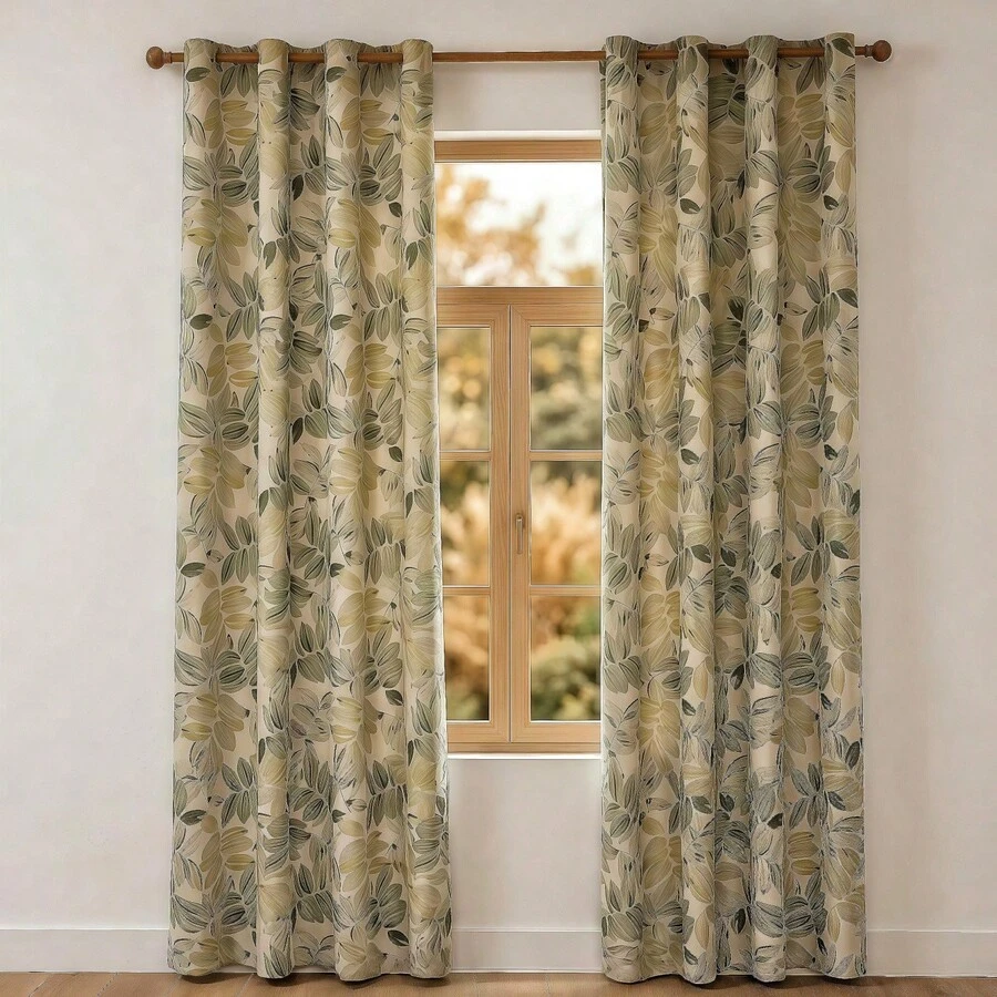 1pc American Country Style Polyester Fiber Leaf Print Blackout Thermal Curtain - Multicolor - View 1