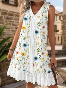 Đầm không tay cổ chữ V phối họa tiết hoa dành cho nữ, thích hợp mặc hàng ngày, đi nghỉ mát, du lịch, nghỉ dưỡng. - trắng - Xem 2