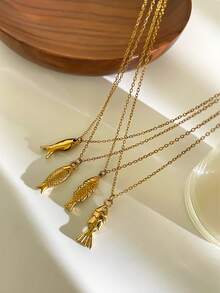 Monlansher 1 件新款女士不锈钢鱼形吊坠项链，时尚简约个性休闲日常佩戴项链 - 金色 - 查看 10