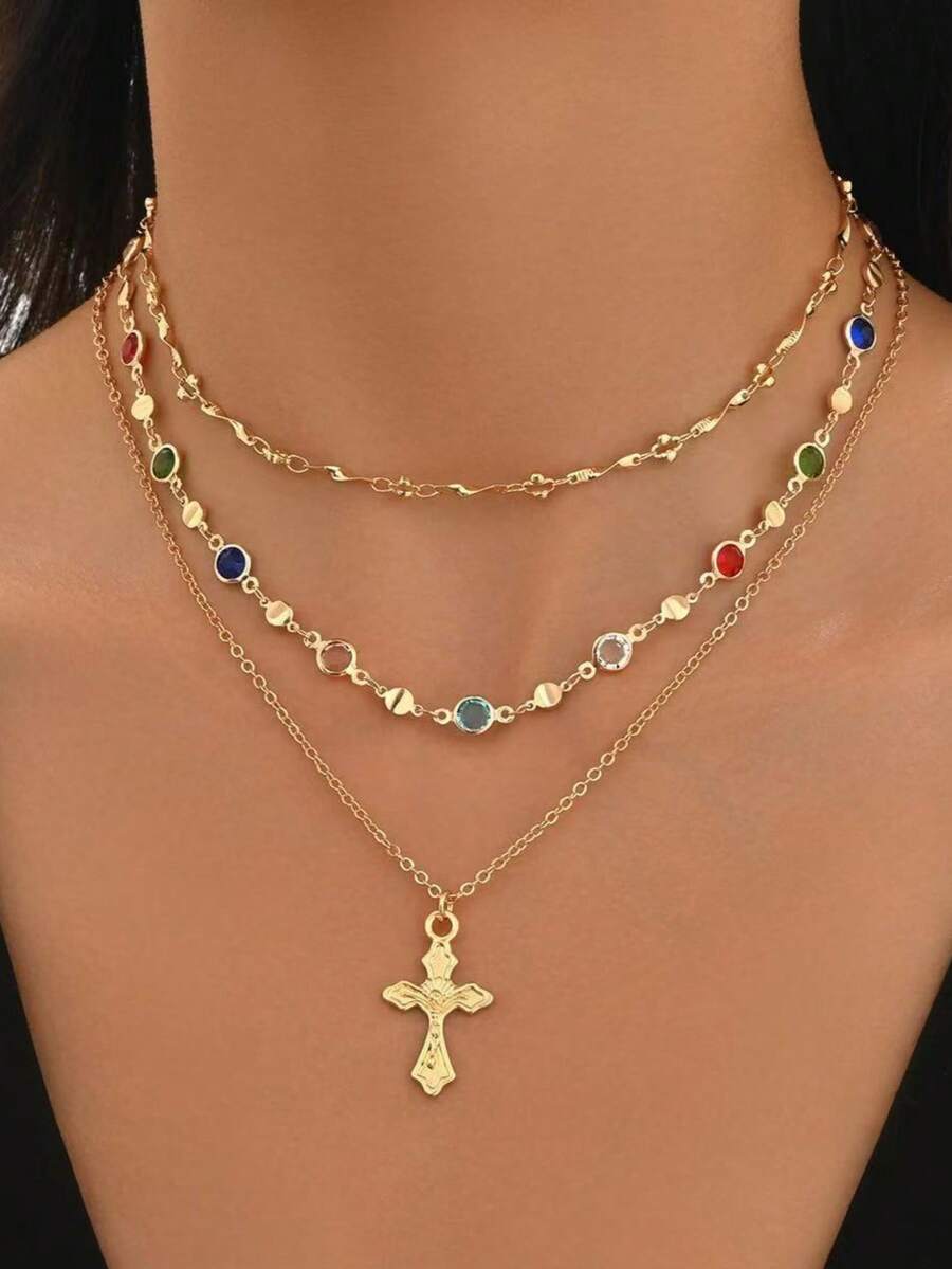 Set de 3 collares multicapa con colgante de cruz de cristal de colores en estilo bohemio, adecuado para el uso diario de las mujeres y las vacaciones de verano en la playa - Dorado - Ver 1