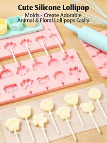 12-Cavity Pink Lollipop Mold, Silicone Gummy Bear, Paw, Flower Shaped Candy, Jelly, Pudding Mold, Easy Release Reusable Chocolate, Lollipop Baking Tool, Suitable For Valentine's Day Party, Home Decor, Housewarming Gift - View 1