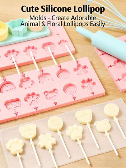 Molde de 12 cavidades para piruletas de color rosa, molde de silicona para gominolas, caramelos con forma de oso, pata y flor, gelatina y pudín, fácil desmoldado, herramienta reutilizable para hornear chocolates y piruletas, adecuado para fiestas de San Valentín, decoración del hogar y regalo de inauguración de casa