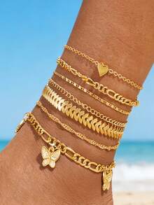 7pcs Summer Gold Tone Chain Anklet Set, Bohemian Style Elegant Alloy Anklet With Heart & Butterfly Pendants, Suitable For Beach, Daily Wear, Party, Fashion Jewelry - Yellow Gold - View 5