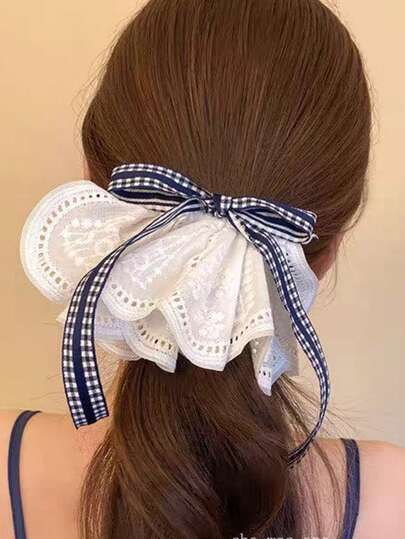 1个少女法式学院风发夹，甜美格纹蕾丝蝴蝶结弹簧发夹，学生百搭后脑勺马尾辫发饰