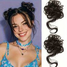 2 Pcs Messy Bun Hair Piece, Curly Wavy Hair Bun Extensions Scrunchies, Tousled Updo Synthetic Hairpieces Space Buns For Women And Girls - Multicolor - View 10