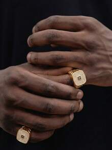 Mens Iced Out Signet Ring 14K Gold Plated Cushion Shape Ring With Letter Detail Statement Jewelry - Nhiều màu - Xem 11