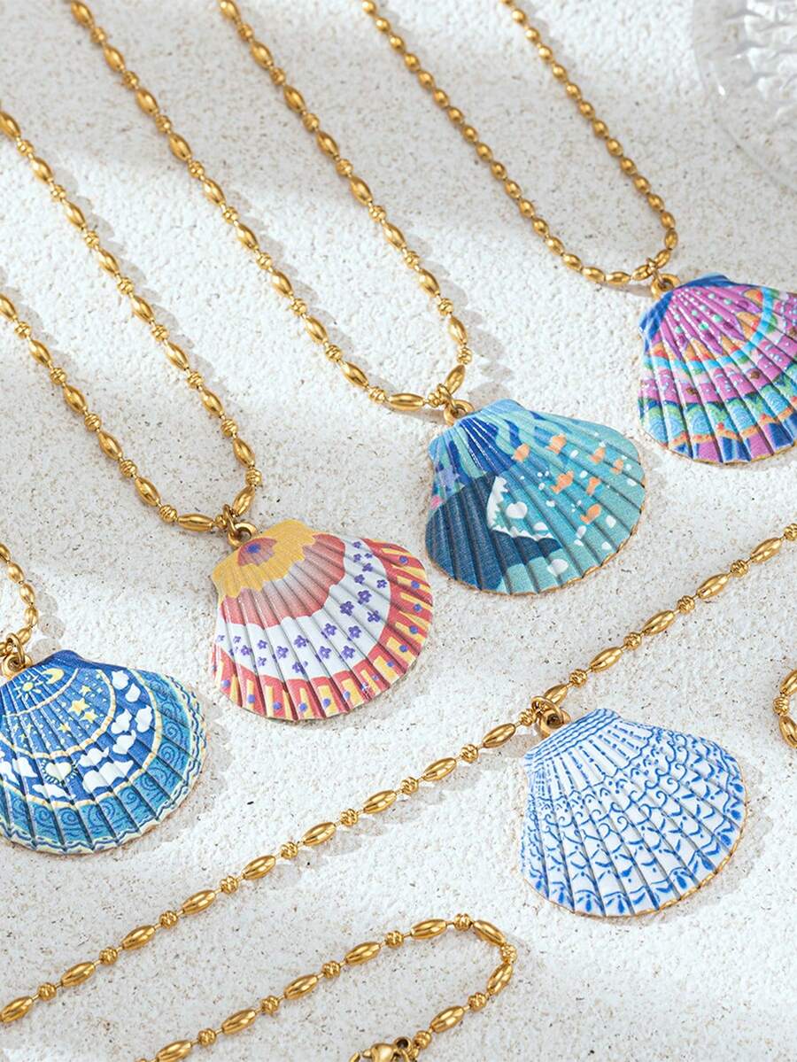 1 chiếc vòng cổ vỏ sò nhiều màu sắc, vòng cổ vỏ sò in hình hoạt hình, phong cách nghỉ mát biển. - Nhiều màu - Xem 1