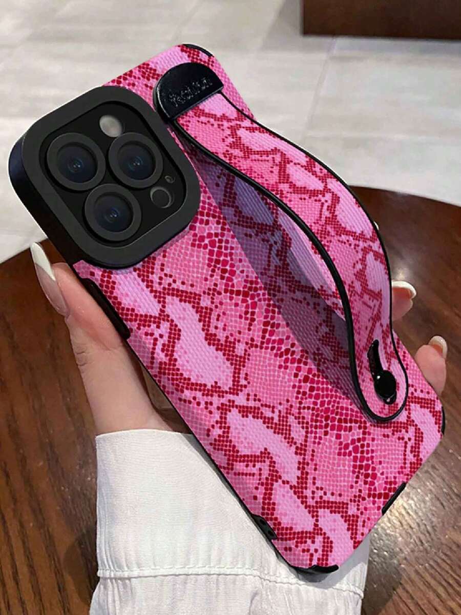 1件装 时尚玫红色豹纹PU皮革彩绘图案腕带手机壳，兼容苹果11、12、12 Pro Max、13、14 Pro Max、15、16/16 Pro、17/17 Pro及其他型号 - 彩色 - 查看 1