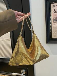 1个闪亮金色手提手拿包，亮面晚宴派对包，新款上市，适合派对、度假、海滩等场合 - 金色 - 查看 6