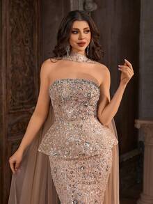 Women's Elegant Sexy Floral Sequin Patchwork Formal Evening Gown Dress Party Wedding Spring - Apricot - View 8
