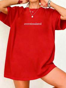 Oversized Women's Casual Overstimulated Graphic Short Sleeve T-ShirtNew Stylish T-Shirt-Summer Apparel, Unisex, Vintage Heavyweight Loose Washed T-Shirt, Suitable For Outings, Casual Street-Style Top - 紅色 - 查看 18