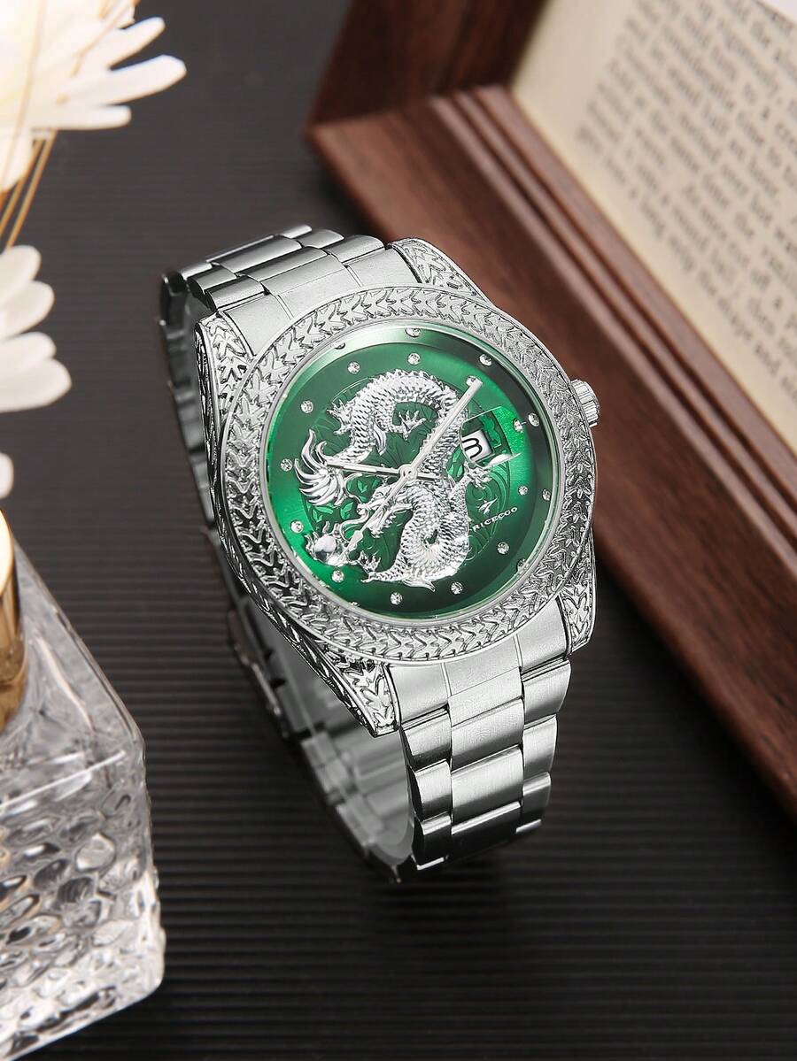 RICECGO Men's Wristwatch With 3D Embossed Dragon Pattern, Exuding Oriental Charm, Perfect Gift For New Year - Silver - View 1