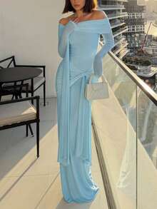 DOUCIU 透明袖露肩蝴蝶结鱼尾修身连衣裙，优雅适合派对、生日等场合 - 藍色 - 查看 3