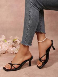 New Vacation Style Square Toe Thin Heel Sandals, Summer Outdoor Bowknot Flip Flops, Beach High Heel Mules - Black - View 4