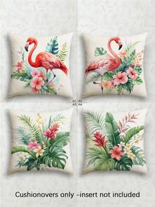 4pcs Vintage Linen-Feel Palm Leaf & Flamingo Pattern Decorative Pillow Covers, Hidden Zipper, Machine Washable, Home Decor Throw Pillow Covers For Sofa, Living Room, Bedroom, No Pillow Insert - Multicolor - View 2
