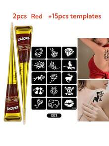 Colorful Henna Tattoo Kit - High Quality Multi-Color Henna Tattoos, 15 Reusable Random Templates | Pre-Mixed Natural Henna Dye For Temporary Body Art | Waterproof & Smudge-Proof, Long-Lasting | DIY Set For Beginners, Suitable For Parties, Festivals, Halloween, Weddings And Henna Nights,Sketch Style - Multicolor - View 12
