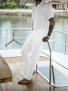 2pcs Men's Polo Collar Button Short Sleeve Top + Elastic Waist Pants Pajama Set - White - View 6