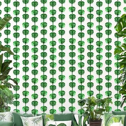 3pcs Leaf Metal Foil Tassel Curtain, Monster Leaf Metal Tassel Curtain Decor, Suitable For Safari Theme, Animal Birthday Party, Tropical Theme, Hawaii Theme Party Decoration
