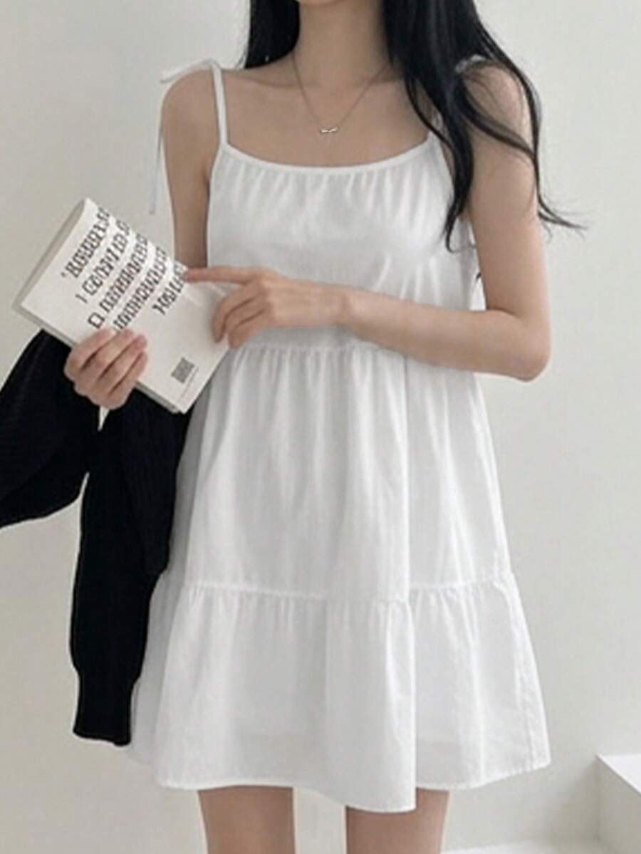 Vestido de tirantes holgado de línea A con volantes en el bajo, estilo retro francés de verano, conjunto de moda para mujer