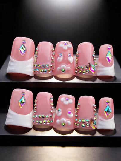 10pcs/Set Medium-Short Duck Mouth Handmade Wearable Nail Tips - Pink & White French Handpainted 3D Floral Decor Rhinestone Trumpet Fake Nails