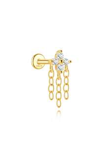 SereneSpark 1Pc 925 Sterling Silver Classic Geometric Elements Cubic Zirconia Tassel Stud Earring Flat-Back Dainty Cartilage Helix Tragus Lobe Piercing Suitable For Women For Daily, Dates, Vacation, Wedding, Party, Holiday Gift - Gold - View 18