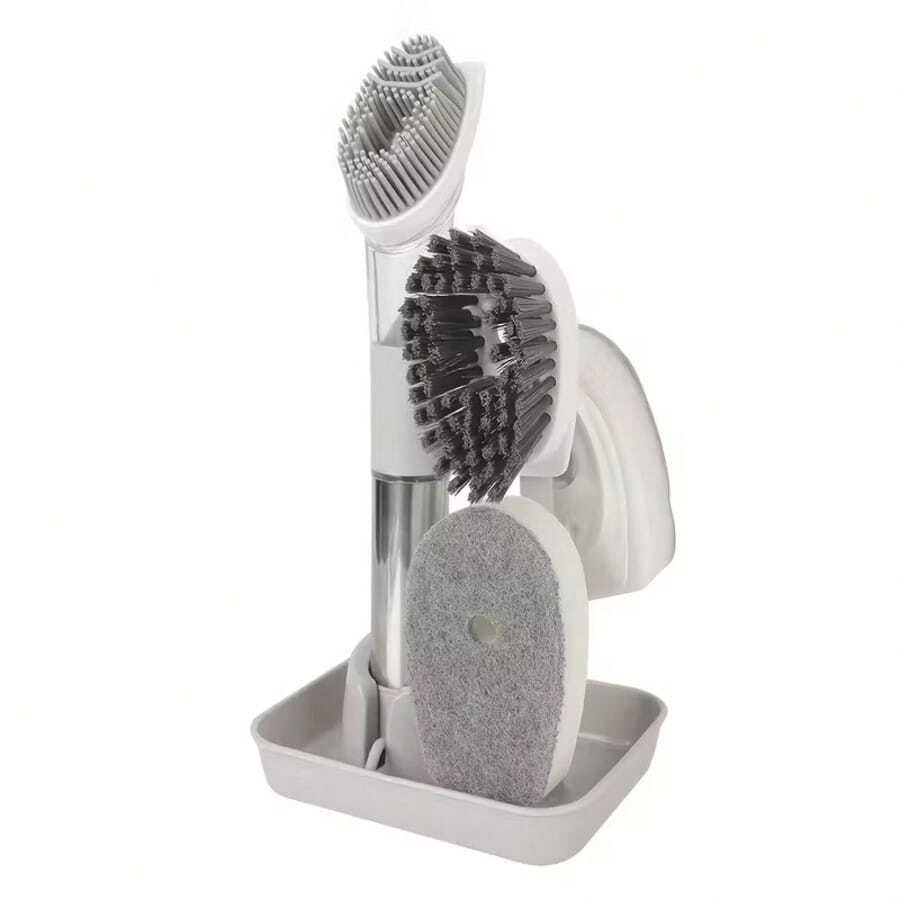 Juego de 3 en 1 de cepillos de limpieza de cocina con dispensador de jabón - Mango largo, esponja desmontable, cerdas de nailon duraderas, diseño ahorra espacio, dispensador de líquido automático, herramienta de cocina práctica