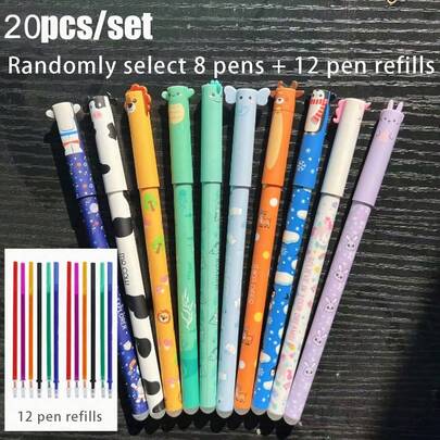 20pcs New Animal Shaped Erasable Gel Pen Set, Includes 8 Pens With Various Color Inks, 12 Refill Cartridges, Suitable For Writing, Drawing, Coloring, Doodling, Great For Student Rewards And Back To School Gifts
