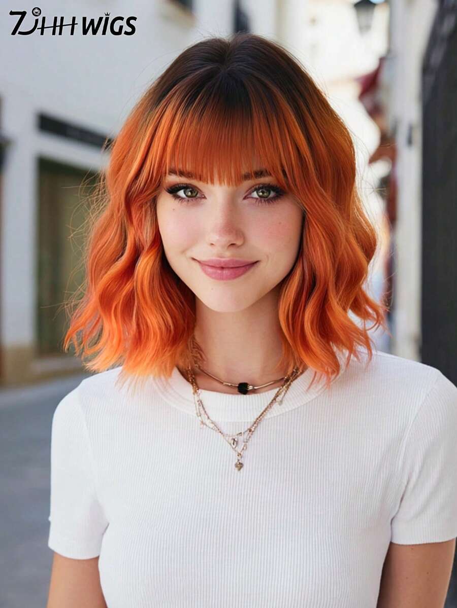 7JHH WIGS 女士短款波浪橙色渐变波波头假发，带刘海，12英寸短款波浪卷发，深色发根，自然合成纤维，耐热假发，适合日常角色扮演、音乐节派对等场合佩戴。
