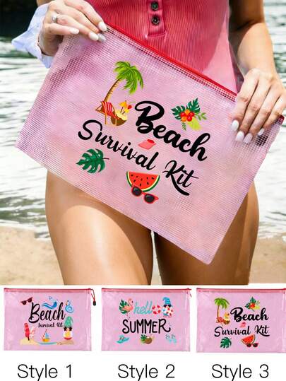 1个印有卡通夏日海滩图案的防水时尚沙滩包，大容量透明化妆包，配有尼龙拉链 - 轻便，适合春夏季收纳，经久耐用，非常适合游泳、海滩、潜水和暑假旅行，学生返校也适用。轻便防晒收纳包，适合送给朋友、家人、闺蜜、同学。是生日、节日、派对、婚礼（伴娘）、情人节和斋月的完美礼物和纪念品。