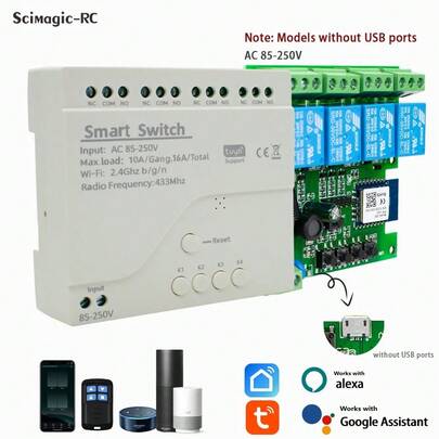 Módulo de interruptor inteligente para el hogar Tuya Zigbee MIXIYOU - Relé inalámbrico RF433 de 4 canales con control remoto a través de aplicación, resistente a las llamas y con protección de privacidad, compatible con Alexa y Home, funciona con el concentrador Zigbee